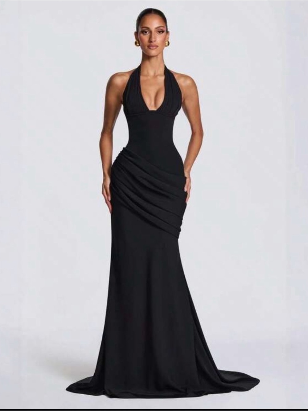 Elegant Black Halter Evening Gown Ruched Corset Back Wedding Guest Formal Large
